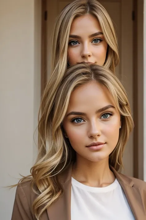 blonde girl, light brown eyes, elegant, casual outfit style, serious and beautiful expression 