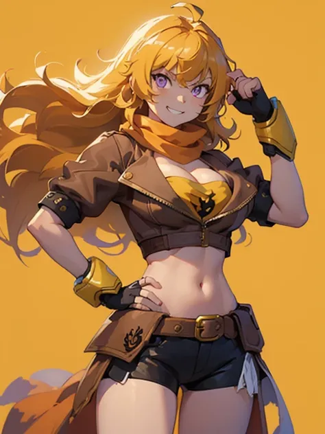 (masterpiece, best quality:1.2), cowboy shot, solo, 1girl, yang xiao long, grin, hand on hip, ahoge, purple eyes, brown jacket, yellow tube top, black shorts, black fingerless gloves, orange scarf, waist cape, midriff, cleavage, large breasts, country lane