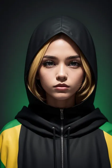 A person in a black hood with the Brazilian flag background 