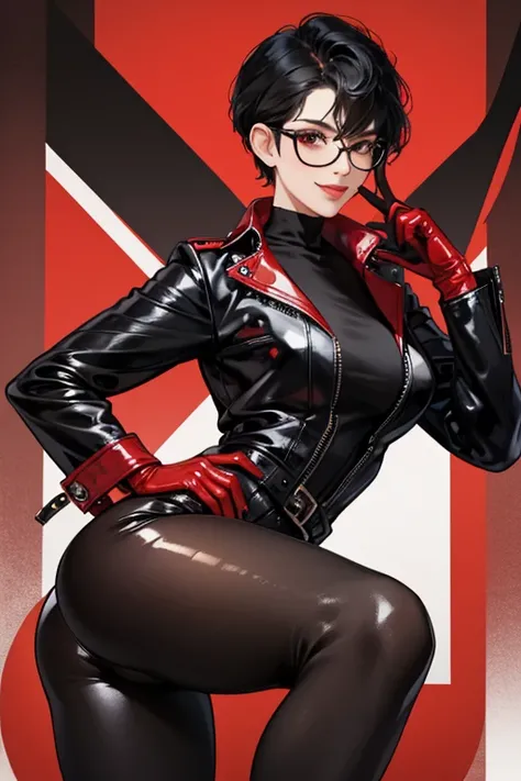 A mature woman with short black hair, a curly hairstyle, and glasses, wearing a black leather jacket, black patent leather leggings, and red patent leather gloves　smile