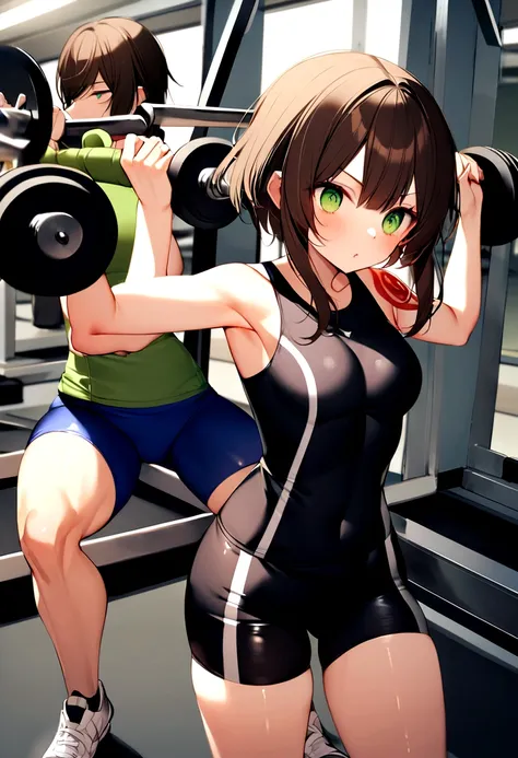 "A modern gym with well-distributed exercise equipment. Naru, an 18 year old girl with short medium brown hair in the Megumin style and green eyes, She is dressed in a tight blue sports shirt and black lycra shorts.. He is wearing white sneakers and is lif...