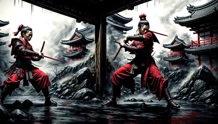 a samurai warrior wearing red and black, a Japanese-style environment, Japanese buildings, a playful combat environment, holding an epée , staring at the camera, misty environment with dark elements