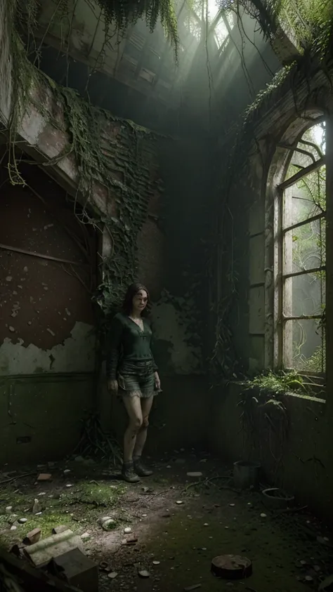 a lonely abandoned mina, overgrown with vines and moss, sunlight filtering through the crumbling walls, eerie atmosphere, detailed gritty textures, sense of decay and forgotten history, (best quality,8k,highres,masterpiece:1.2),ultra-detailed,(realistic,ph...