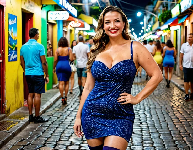 A confident, 38-year-old Polish woman with a curvaceous figure stands tall in socks, inside Rio de Janeiros vibrant street scene, wearing a sensual mini dress that highlights her curves. Her radiant smile, a testament to her self-assurance, perfectly captu...