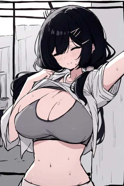 freckles、black hair low twintails、hairpin、sweating、Grey fabric sports bra、Introvert、Big Breasts、shirt lift