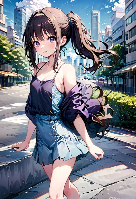 realistic anime illustration of a pretty black long hair young woman, (inoue takina, purple eyes) ,side ponytail, smiling, walki...