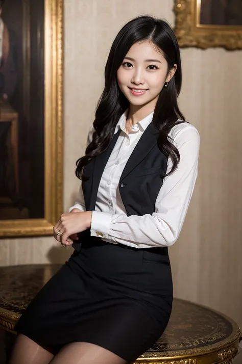 Pure young Japanese girl, wearing dark colors style suits and skirts, vivid makeup, natural black hair styles, sitting in antique style rooms, sweet smile, sexual attractive, secret temptations, professional portrait photography, midnight, 