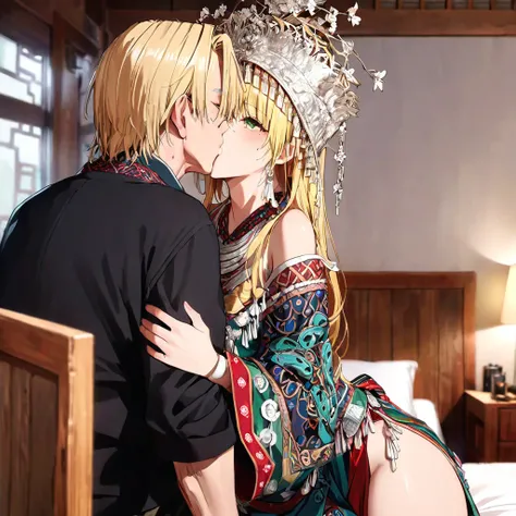 ((Highest quality)), ((masterpiece)), (detailed), （Perfect Face）、The woman is a Tier, with green eyes, medium blonde hair, ethnic medicine and a gorgeous hat.、In the bedroom, the woman embraces an old man dressed in ethnic clothing, kisses him deeply, and ...