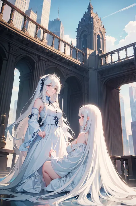 ((best quality)), ((masterpiece)), (detailed), perfect face

Create a picture of the back of a girl with thick long white hair that goes down to her knees wearing a white dress as she stares off into the city skyscrapers from the top of a building 