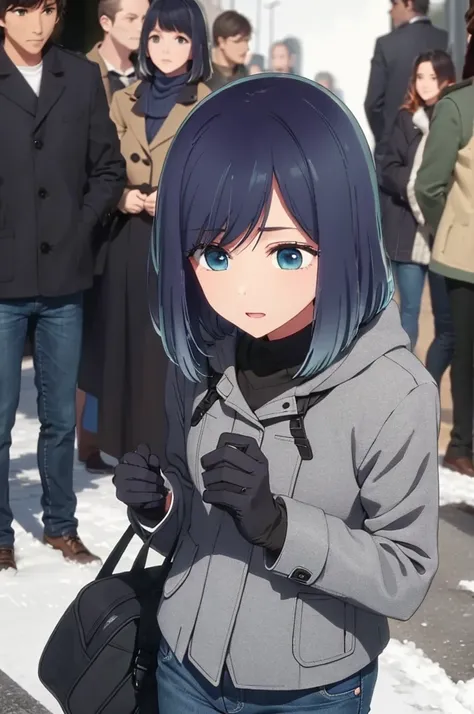 girl, duffel coat, jeans, snow, black gloves, street, crowd