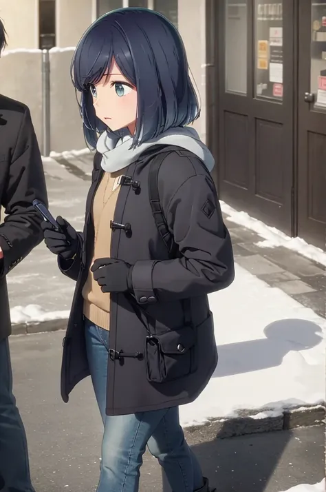 girl, duffel coat, jeans, snow, black gloves, street, crowd