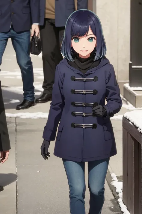 girl, duffel coat, jeans, snow, black gloves, street, crowd, smile