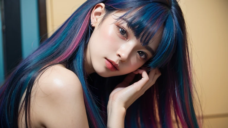 (best quality, Masterpiece), 1 girl,( Colored hair is long and soft.:1.3), colorful hair, Girl&#39;s cute room, 15 years old, smile, Smiling faces, It has a very high resolution., realistic, RAW shooting, depth of field, Amazingly detailed eyes and face, S...