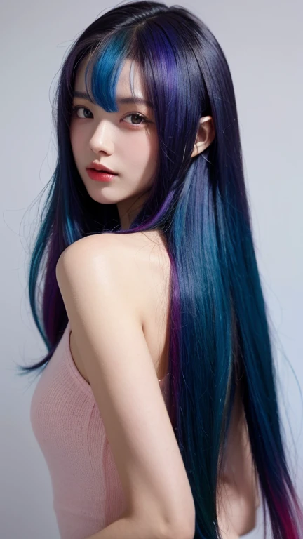 (best quality, masterpiece), 1 girl,( colored hair is long and soft.:1.3), colorful hair, girl&#39;s cute room, 15 years old, sm...