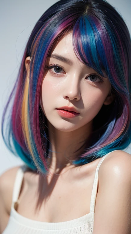 (best quality, Masterpiece), 1 girl,( Colored hair is long and soft.:1.3), colorful hair, Girl&#39;s cute room, 15 years old, smile, Smiling faces, It has a very high resolution., realistic, RAW shooting, depth of field, Amazingly detailed eyes and face, S...