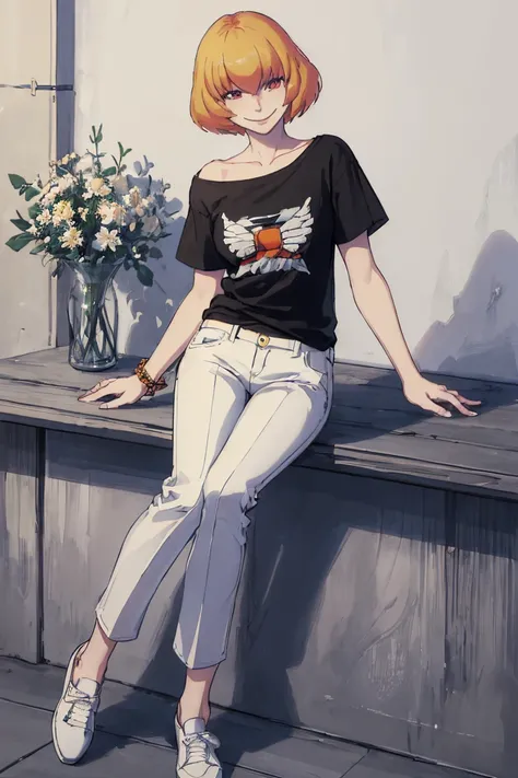 ((Highest quality)), ((masterpiece)), (be familiar with),Clementine,Overload,nsfw,Black and white t-shirt,No sleeve,Green Embroidery,White shoes,Fascinating,Black pants,Bewitching Smile,whole body