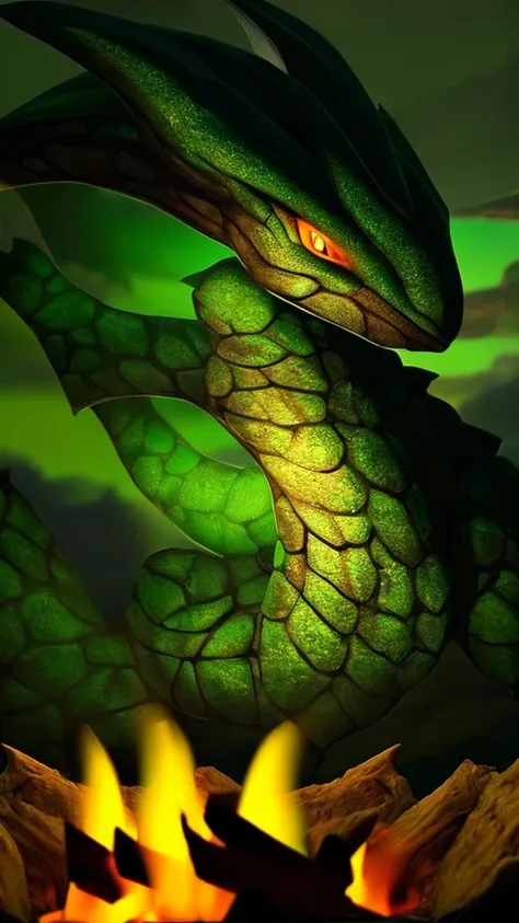 show a little baby dragon sleeping on a campfire. the dragon is green and surrounded by darkness. only the logs and the dragon g...