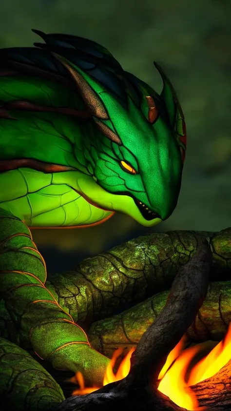 Show a little baby dragon sleeping on a campfire. The dragon is green and surrounded by darkness. Only the logs and the dragon glow