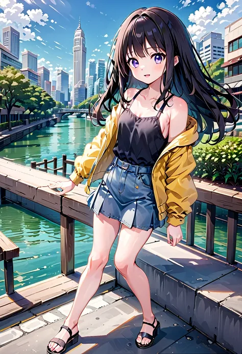 realistic anime illustration of a pretty black long hair young woman, (inoue takina, purple eyes,  black long hair), smiling, walking on Singapore street, Merlion scenery, {she wearing black denim jacket, lavender tanktop, light-blue denim pencil mini skir...