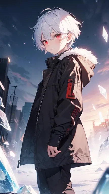 (high resolution, 4K, extremely detaild, work of art:1.2),1 small  boy, eerie glowing red eyes, short messy white hair, , wizard with ice powers, wear large warm clothes, Cute beauty