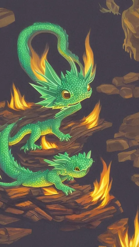 show a little baby dragon sleeping on a campfire. the dragon is green and surrounded by darkness. only the logs and the dragon g...