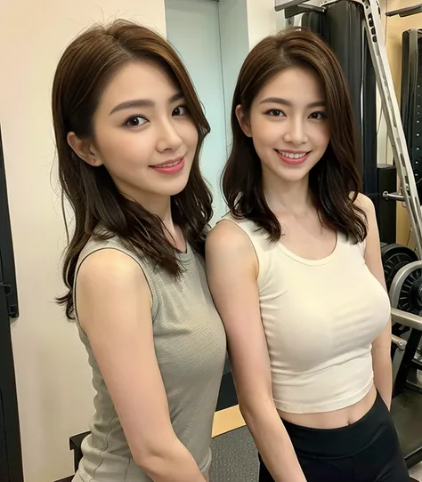 ((The scene is、Two-thirds of the body standing))top-quality、tmasterpiece、超A high resolution、(Photorealsitic:1.4)、one Japanese lady、24-year-old woman，smile，Wavy brunette hair、Silk、Cropped sleeveless T-shirt，Yoga pants for（huge boob：1.4）、standing on your fee...