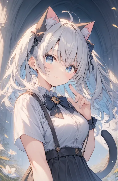 超High resolution, Attention to detail, high quality, High resolution, 最high quality, 4K, 8K, Awards, (artwork)、((Black cat)),Black hair twin tails、Female student、uniform、cute、blue eyes、((I have a cat on my head))