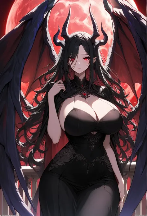 A masterpiece, Very detailed, ultra-detailed, One, a female goddess, a beautiful woman, a beautiful woman - pleasant skin, long black hair and a long side parting, blood-red eyes, with demonic black horns with a red tint, Huge and long wings of a black dra...