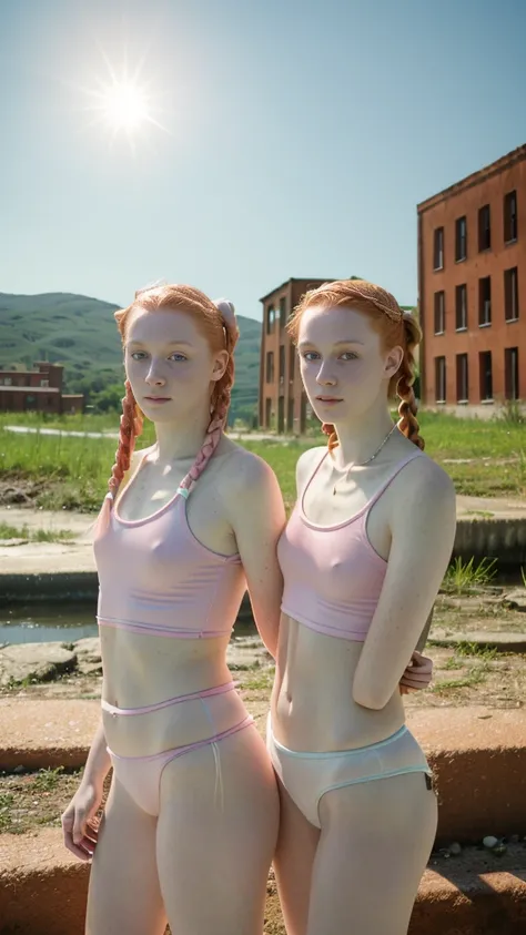 A 16 y.o. trashy girl, ginger girl, very pale skin , very bulging eyes, very thin girl, backlighting,(pink hairpins in her hair) and two pigtails, one on each side of the head,nose ring piercing, sun, backlighting, very pale skin full of freckles, very bul...