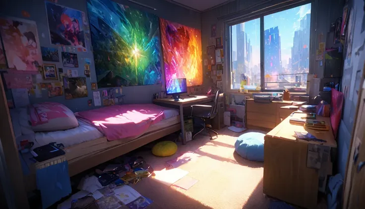 teenager bedroom , messy room with cell phone ringing blur the background, high school boy,shorth hair,drowsy,glow effect,highes...