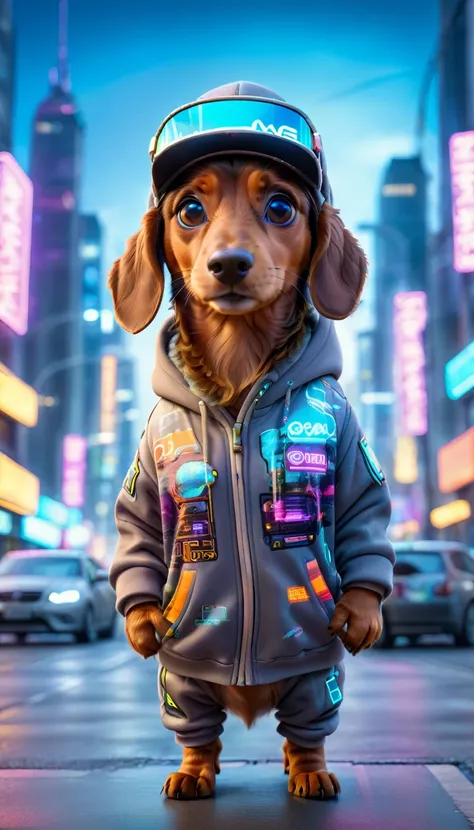 cute brown dachshund with fluffy fur dressed in urban clothes, 1 hoodie, futuristic visor hat, in a high-tech cityscape with neo...