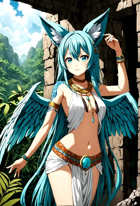 Miku Hatsune, add high definition add_detail:1, blue fur,kitsune ears, tribal tattoo add_detail:1, in ruins in the jungle, barefoot, tribal costume add_details:1, giant aquamarine feather wings_detailsl:1 ,alas hermosas la mejor calidad y detail en las plu...