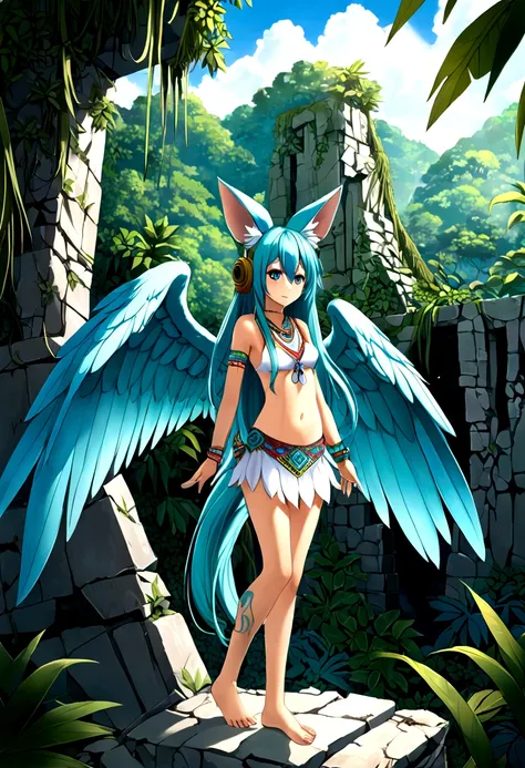 Miku Hatsune, add high definition add_detail:1, blue fur,kitsune ears, tribal tattoo add_detail:1, in ruins in the jungle, barefoot, tribal costume add_details:1, giant aquamarine feather wings_detailsl:1 ,alas hermosas la mejor calidad y detail en las plu...