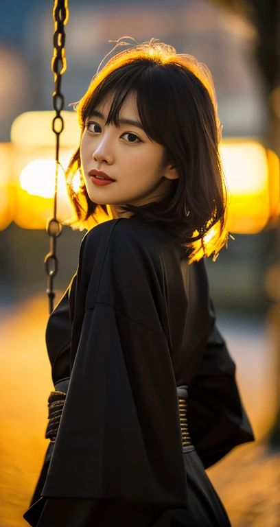 (A plain-looking detailed woman in a black kimono dress, korean bob_hair_side_bangs, fair skin, dark lips, walking in a snowy night, turning around to swing her hair like a shampoo CF, dark background, sunset, extremely detailed skin, extremely detailed ey...