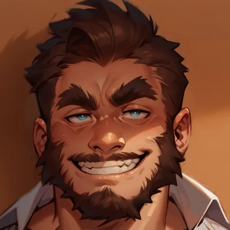 facial hair, beard, thick eyebrows, squinted eyes, horny, smile