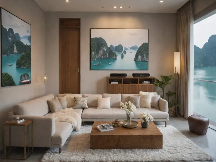 modern style living room design, 1 sofa, 1 wooden chest, 1 desk, 1 computer on the table, 1 desk lamp, 1 fur rug, 1 speaker box, glass wall with view of Ha Long Bay, 1 decorative wall lamp, 1 large painting behind the sofa