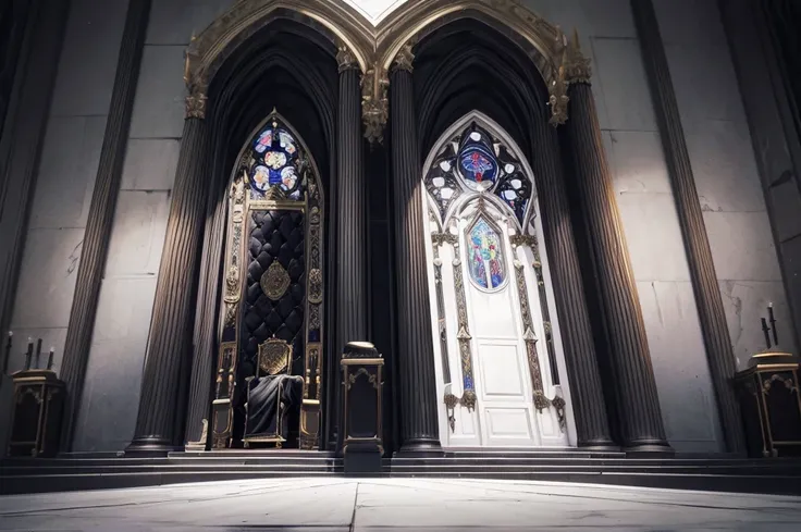 An image of a large gothic throne, dark and gritty throne room, stained glass on walls, 2 thrones side-by-side, 1 throne is black marble with white cushions, 1 throne is white marble with black cushions 