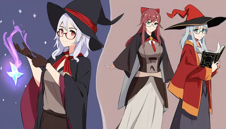 Woman in red hat and glasses holding a book,silver hair,she wears Harry Potter glasses, Maya Ali as D&D sorceress, holding spell book, dressed as witch, D&D magician, wearing a red wizard hat.