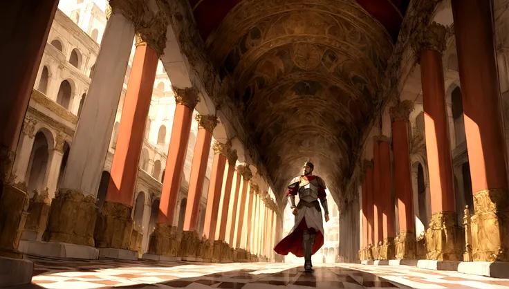 "A Roman soldier, clad in historically accurate armor, strides purposefully through the grand halls of a palace during the reign of Marcus Aurelius. The environment is richly detailed, capturing the opulence of ancient Rome, with intricate mosaics and towe...