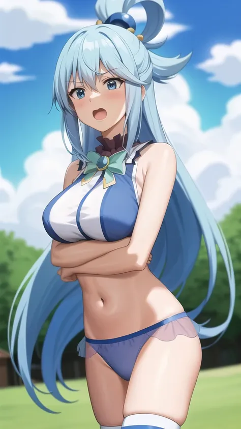 ,anime screencap,anime coloring,
1girl, long hair, solo, blue hair, blue eyes, open mouth, tight bra and panties, thighhighs, hair rings, sky, clenched hands, day, hair ornament, cloud, breasts, bow, blue sky, grass, green bow, bare shoulders