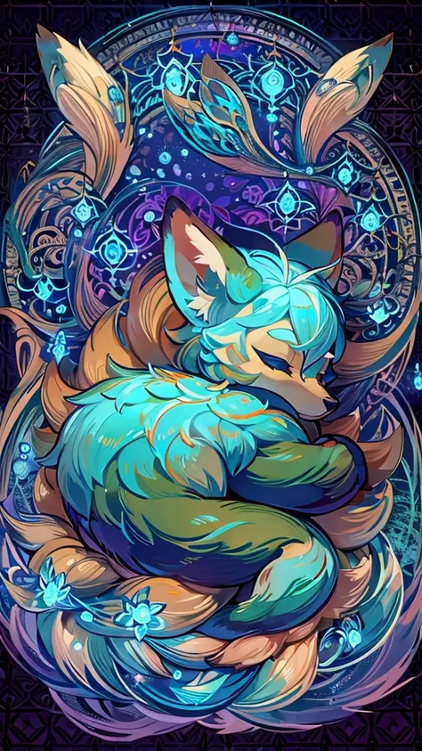 Show a cute turquoise fox cub curled up and sleeping. The baby fox is surrounded by darkness. Only the baby fox glows 