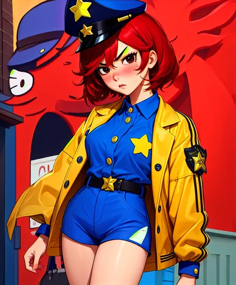 rambambu,yellow skin,black eyes,red hair,blush,short hair,
blue shirt,long sleeves,police cap with star \(symbol\),buttons,serio...