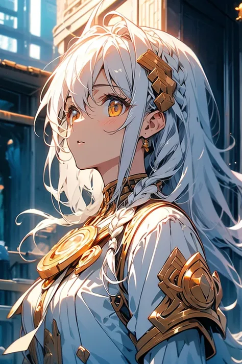 Highest quality, masterpiece,Gray Hair, Golden Eyes,White clothes, look up, Upper Body,hair,Fair skin,Side braid