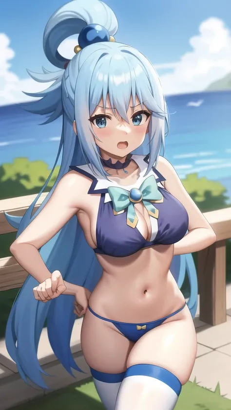 ,anime screencap,anime coloring,
1girl, long hair, solo, blue hair, blue eyes, open mouth, tight bra and panties, thighhighs, hair rings, sky, clenched hands, day, hair ornament, cloud, breasts, bow, blue sky, grass, green bow, bare shoulders