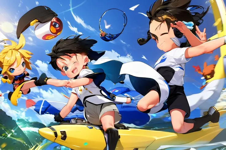 Game CG，4k picture quality，((little boy))，The feeling of youth，anime hero，Q version male character ears，happy，防wind鏡，White and Blue Racing Bodysuit，White gloves，Racing boots，float。wind，Lighting Effects，Full body portrait，Normal hand