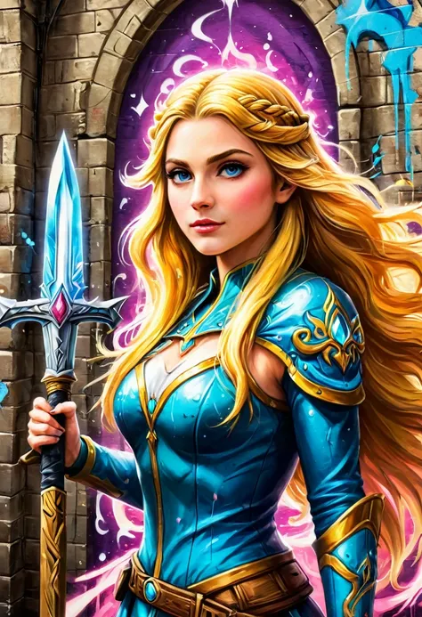 a graffiti painting art on the wall of the castle of  Princess Zelda on the wall of a castle, ,Princess Zelda (intense details, Masterpiece, best quality: 1.5), ultra detailed face, ultra feminine, fair skin, exquisite beauty, gold hair, long hair, wavy ha...