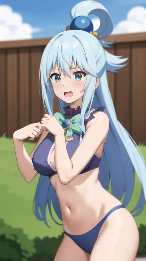 ,anime screencap,anime coloring,
1girl, long hair, solo, blue hair, blue eyes, open mouth, tight bra and panties, hair rings, sky, day, hair ornament, cloud, breasts, bow, blue sky, grass, green bow, bare shoulders