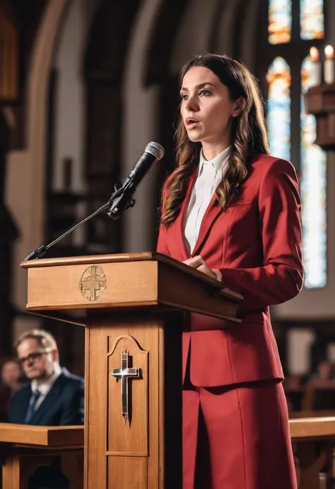 a realistic cinematic photo of the 30 year old woman wearing reddish suit giving a speech at a lectern in a ((protestant church)), long hair, bible on the pulpit, ((front view)), long shot in Nikon D850 DSLR, 200mm f/1. 8 lens,