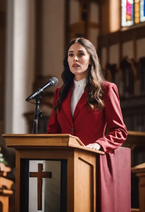 a realistic cinematic photo of the 30 year old woman wearing reddish suit giving a speech at a lectern in a ((protestant church)), long hair, bible on the pulpit, ((front view)), long shot in Nikon D850 DSLR, 200mm f/1. 8 lens,