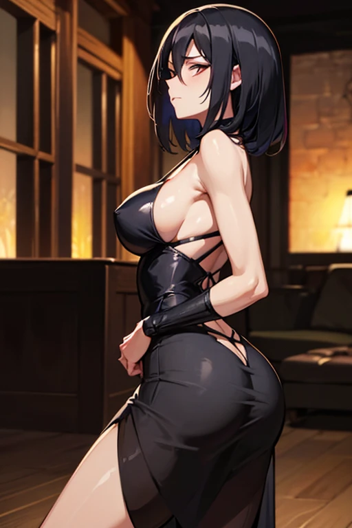 masterpiece, best quality, best lighting, shadows, portrait, perfect anatomy, mikasa, 1 girl, adult anime girl, 21 years old, sexy black dress, city night background, black middle hair, thighs, ass, breast, seductive, spicy, posing, cinematography lights,